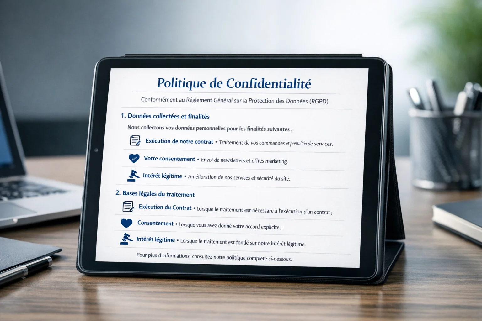 Document juridique RGPD avec icônes représentant les différentes bases légales