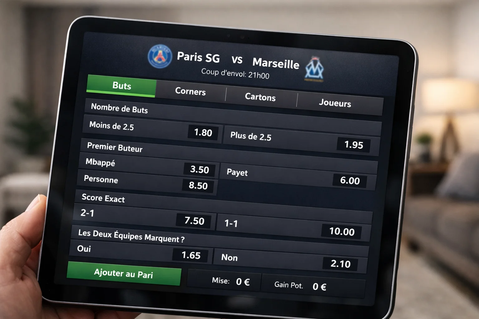 Interface de paris sportifs affichant de nombreux marchés pour un match de football