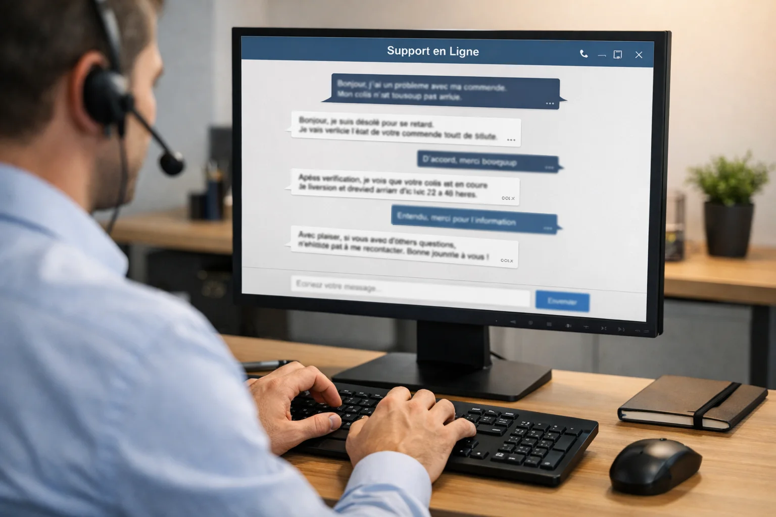 Conseiller clientèle répondant à un chat en ligne sur un écran d'ordinateur