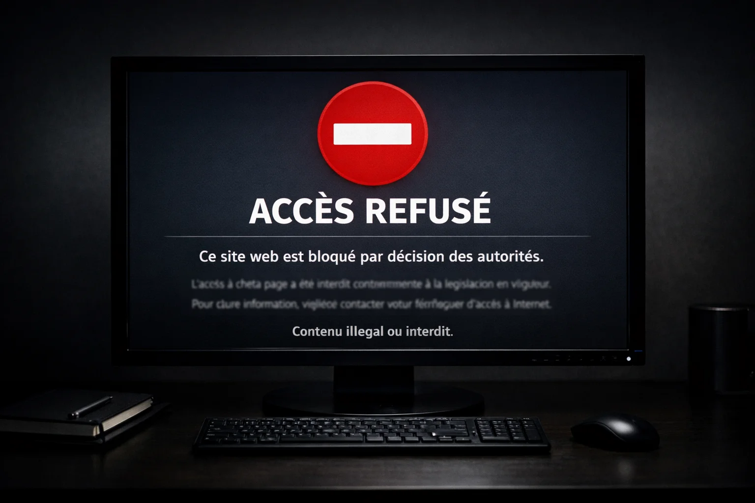 Écran d'ordinateur affichant une page de blocage avec message d'avertissement ANJ