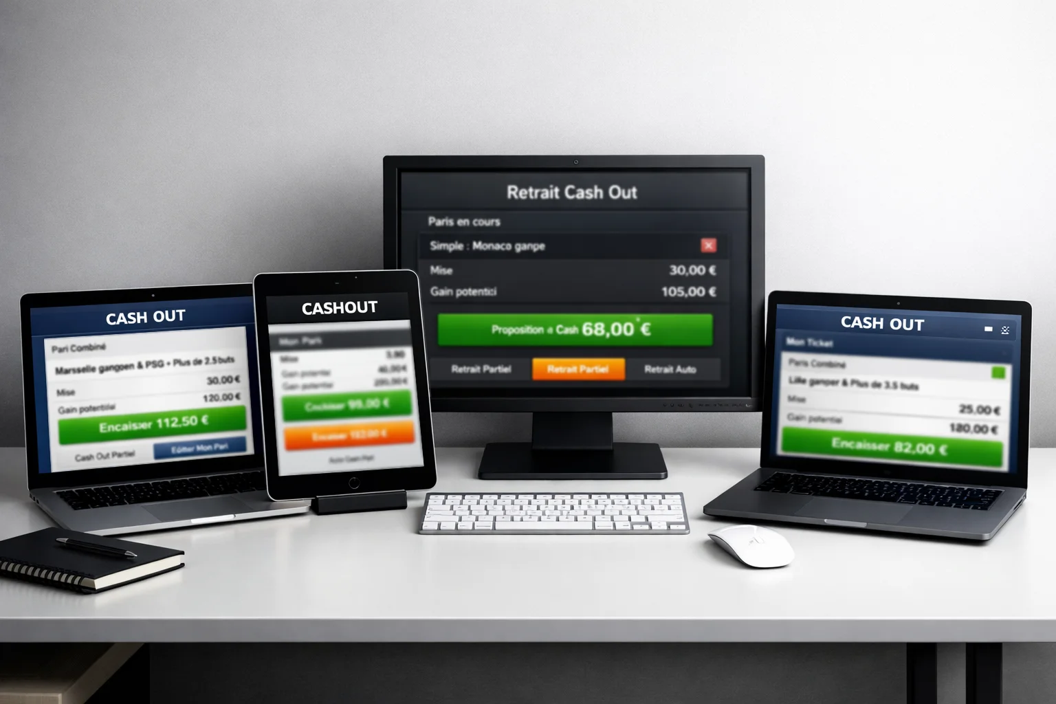 Comparaison des interfaces Cash Out de différents bookmakers sur plusieurs écrans