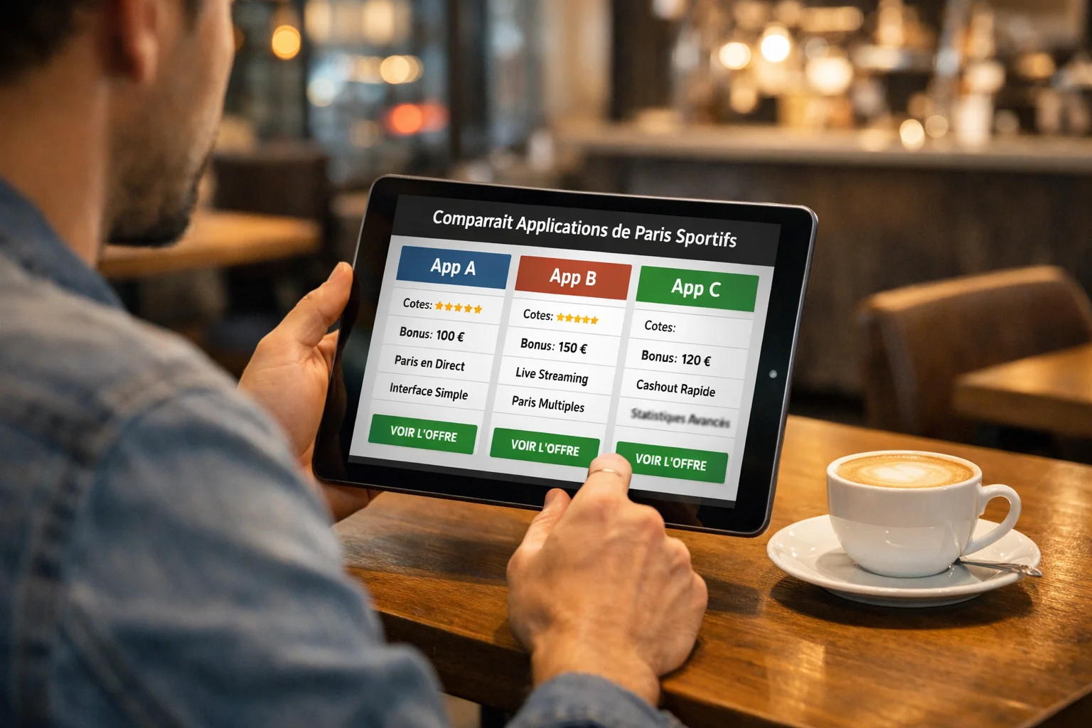 Personne consultant plusieurs applications de paris sportifs sur une tablette dans un café