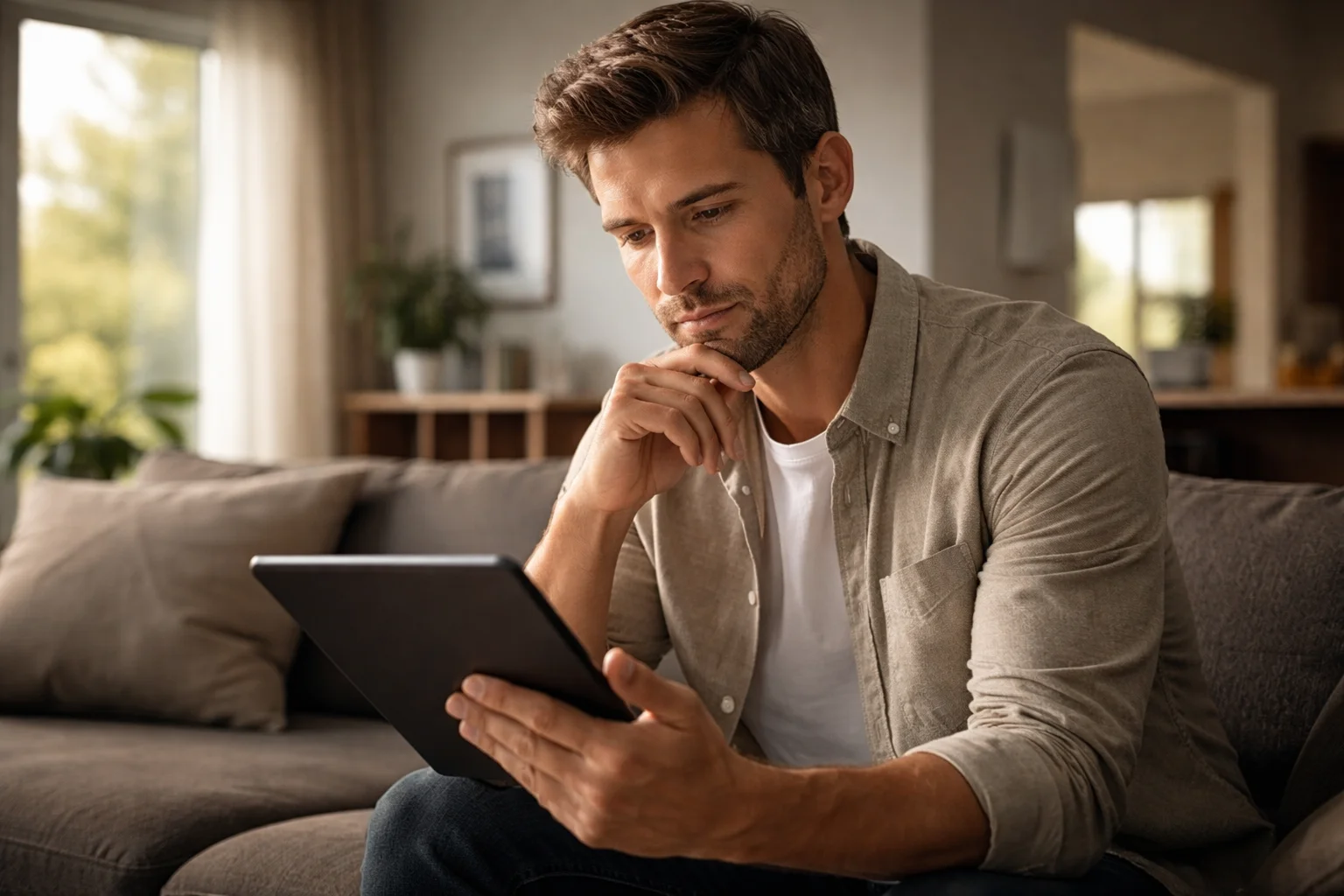 Personne lisant attentivement les conditions générales sur un écran de tablette