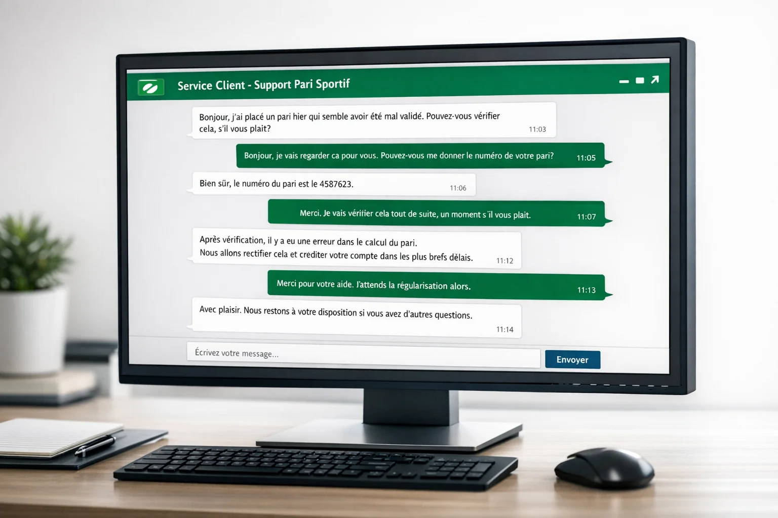 Écran de chat avec un service client de bookmaker montrant un échange de réclamation