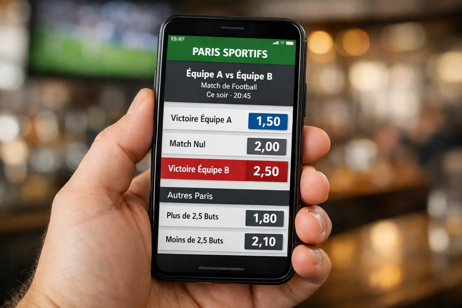 Écran de smartphone affichant des cotes de paris sportifs avec mise en évidence des valeurs