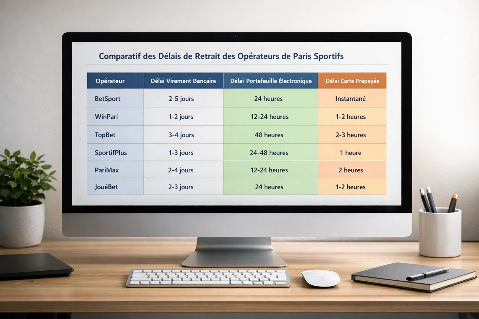 Tableau comparatif des délais de retrait affiché sur un écran d'ordinateur