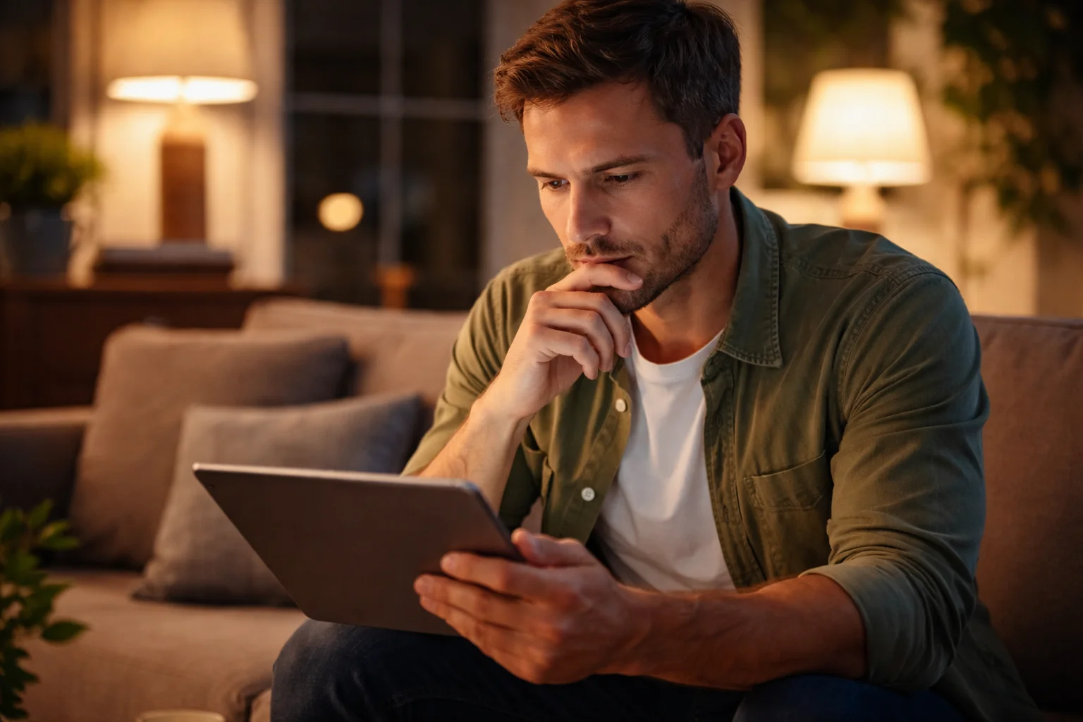 Parieur concentré regardant un match sur tablette avec expression de réflexion