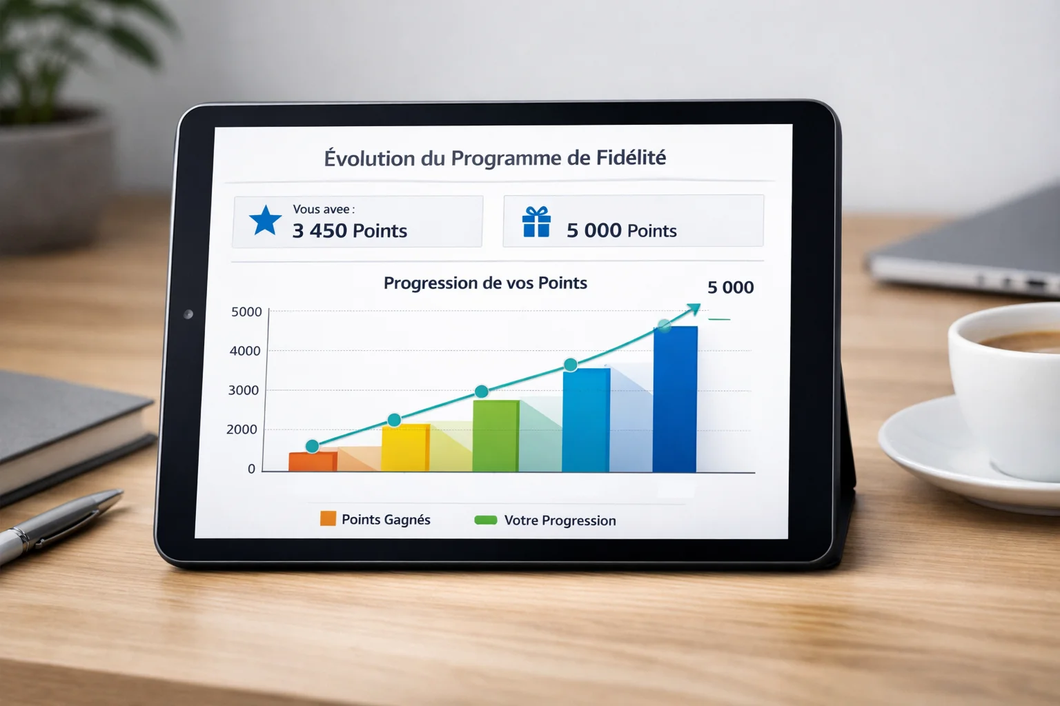 Graphique de progression affiché sur un écran de tablette montrant l'évolution des points fidélité