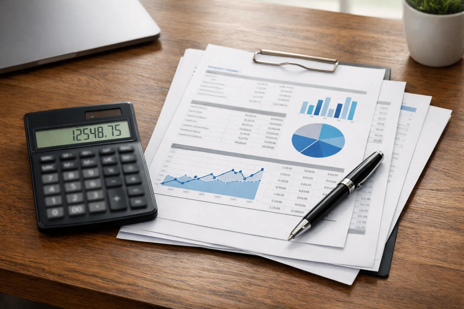 Calculatrice et documents fiscaux sur un bureau