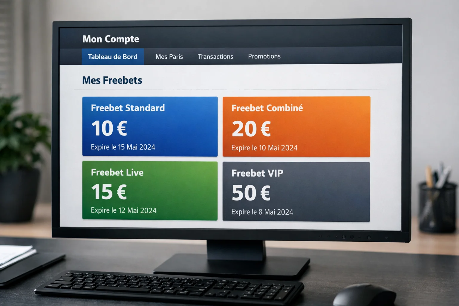 Écran montrant différents types de paris gratuits disponibles sur un compte de paris sportifs