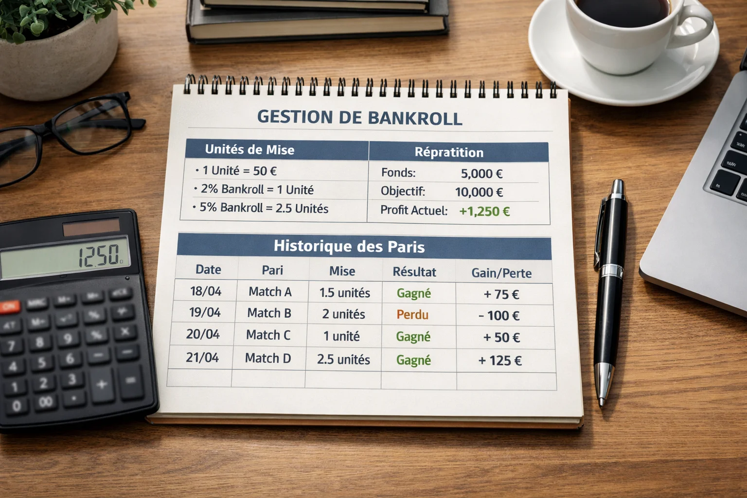 Tableau de suivi de bankroll avec calcul des unités de mise