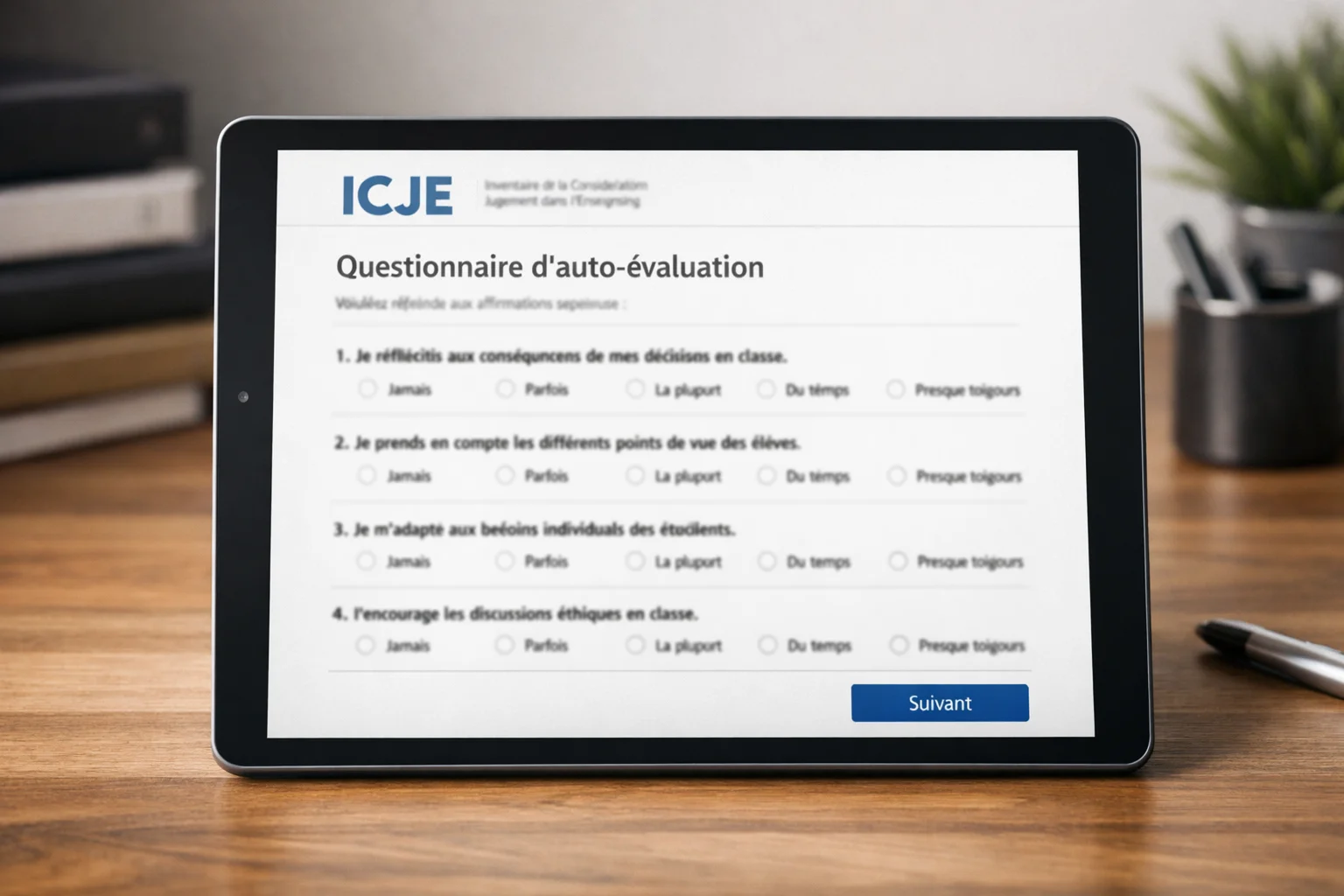 Questionnaire ICJE avec échelle de réponses sur écran