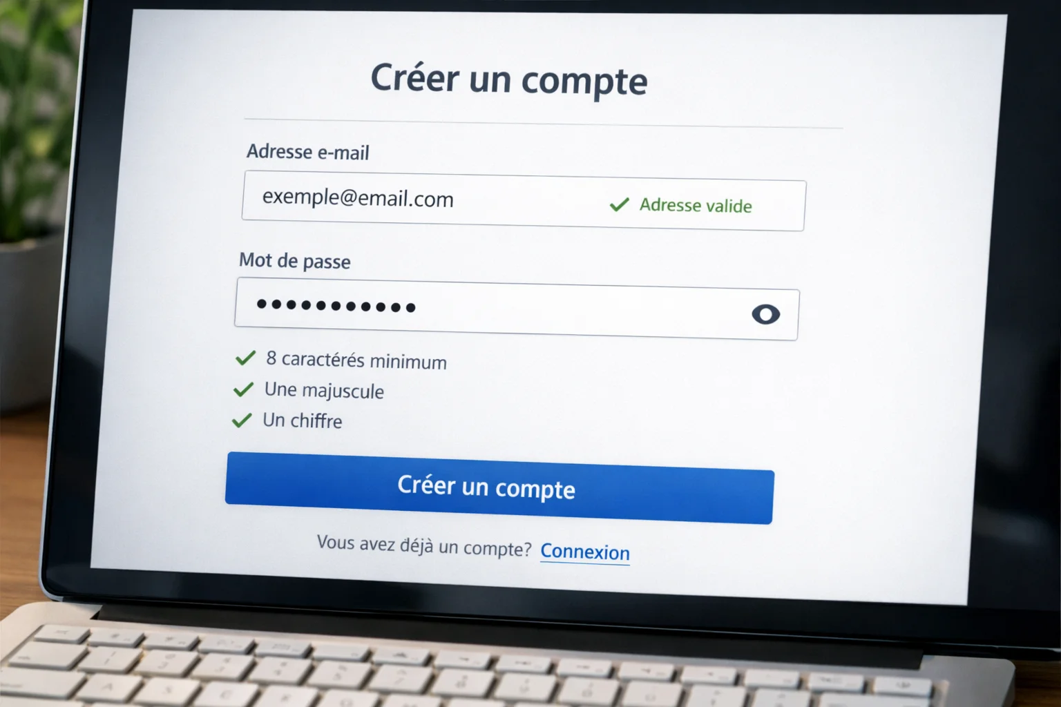 Écran d'ordinateur affichant un formulaire de création de compte avec champs email et mot de passe