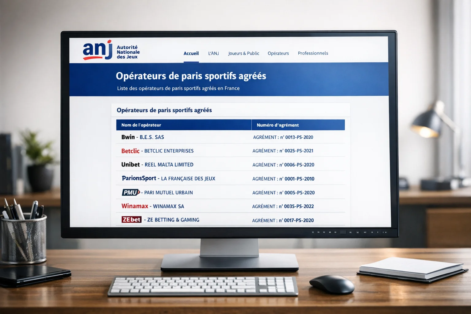 Écran affichant la liste des opérateurs agréés sur le site officiel de l'ANJ