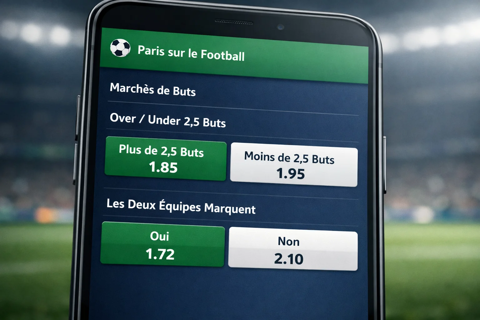 Interface de paris montrant les options Over/Under et BTTS