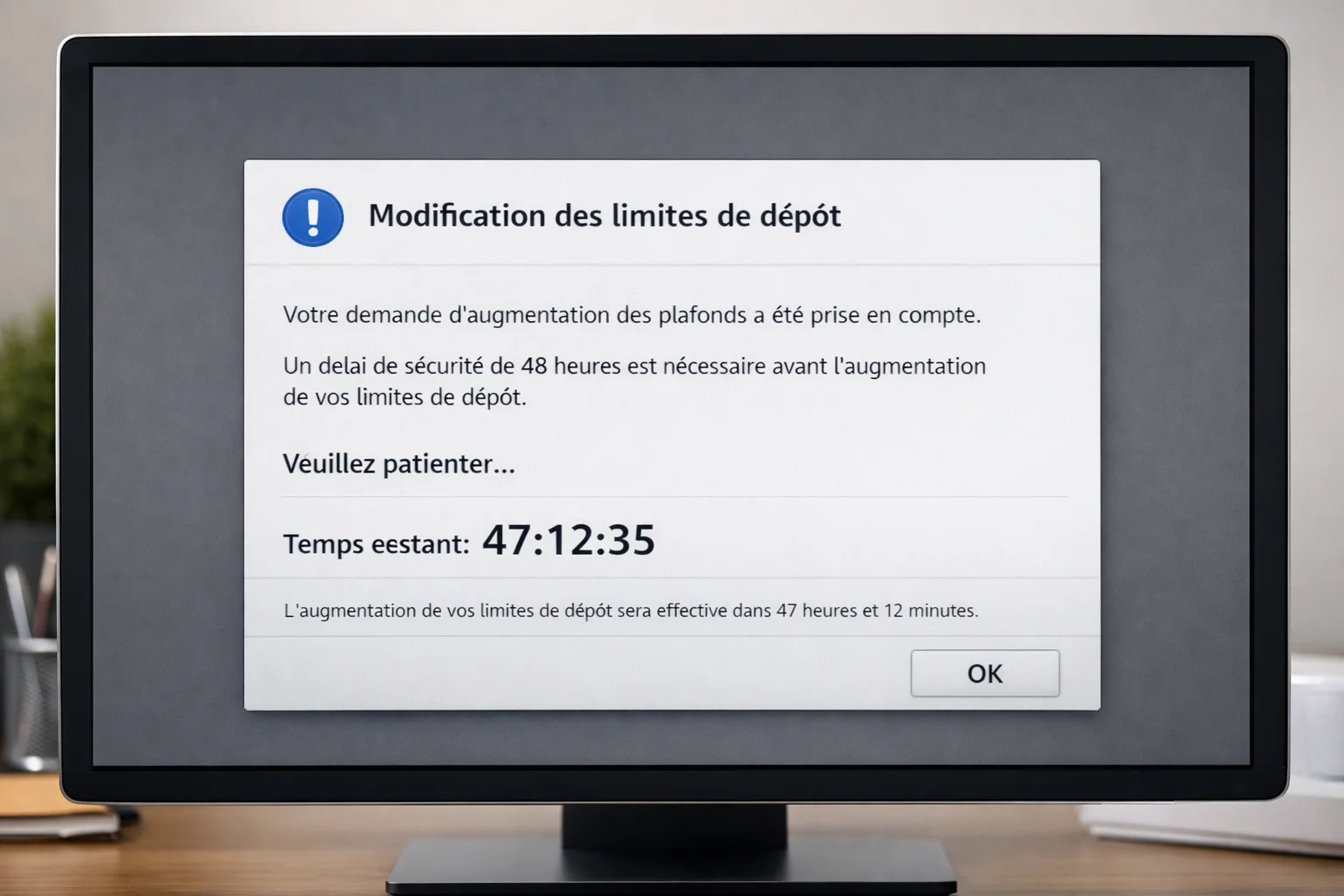 Interface montrant le délai de 48h pour augmenter les limites de dépôt