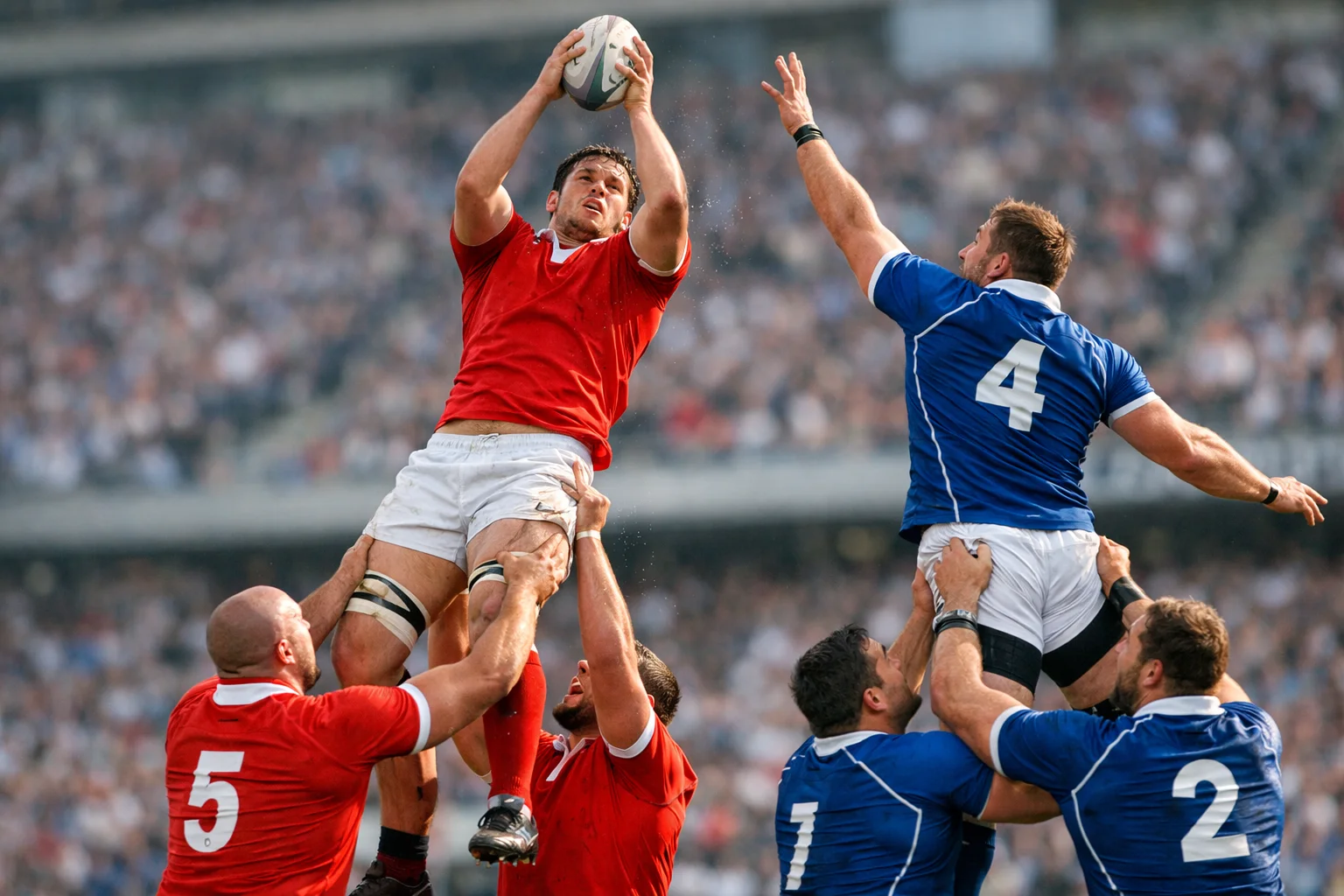 Joueurs de rugby en action lors d'un match professionnel dans un stade
