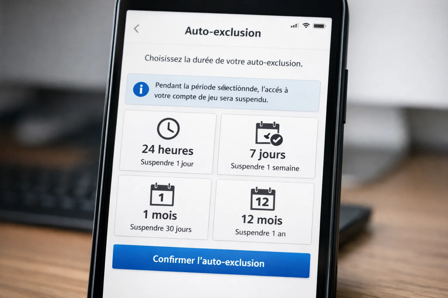 Interface de paramètres d'auto-exclusion dans un compte joueur
