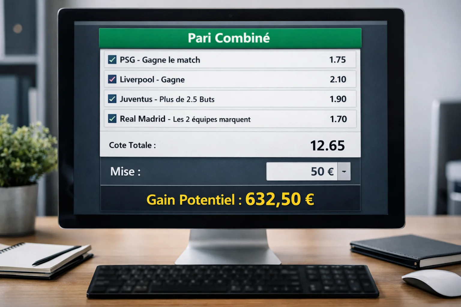 Écran affichant un pari combiné avec multiplication des cotes et gain potentiel