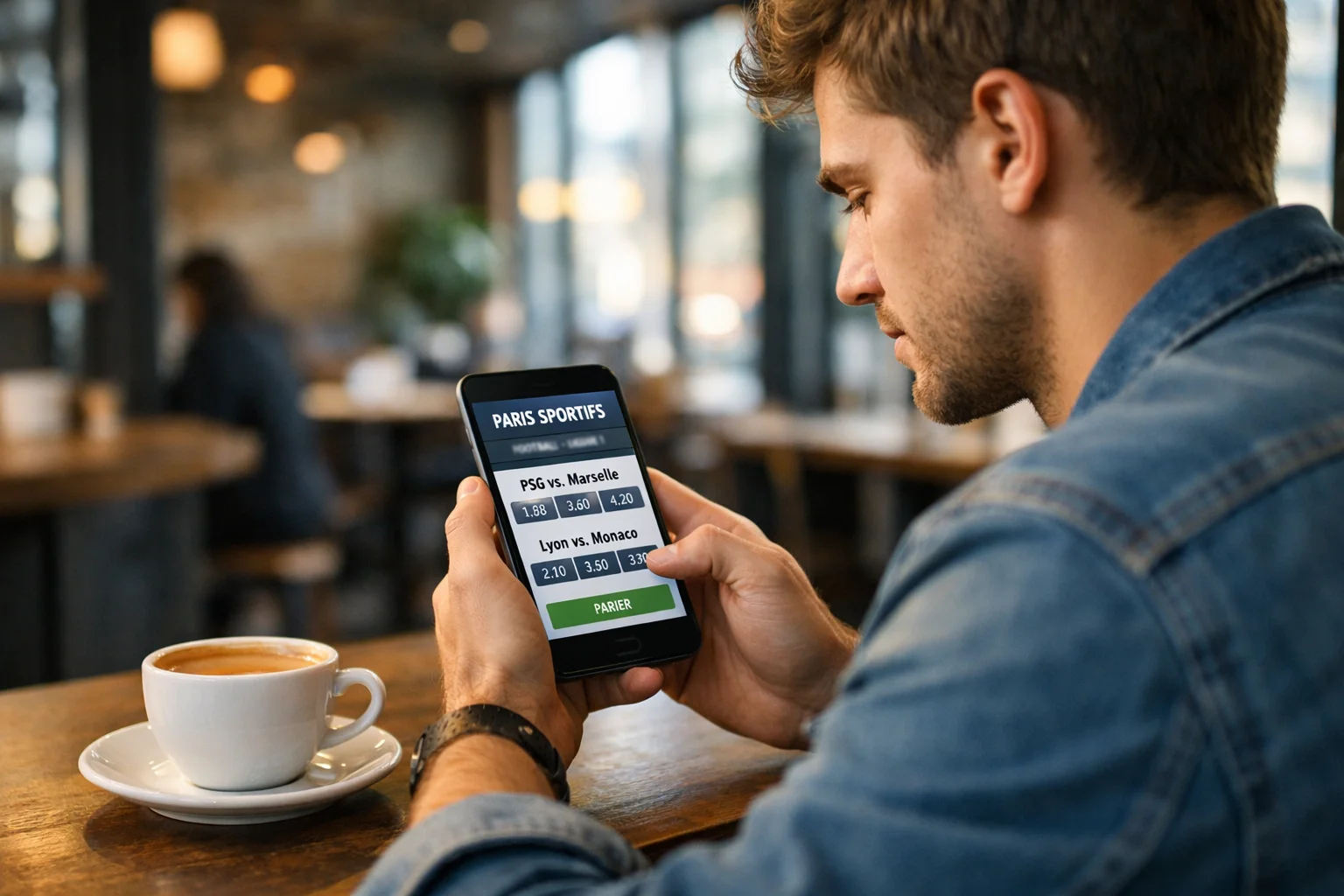 Personne assise dans un café consultant une application de paris sportifs sur son smartphone