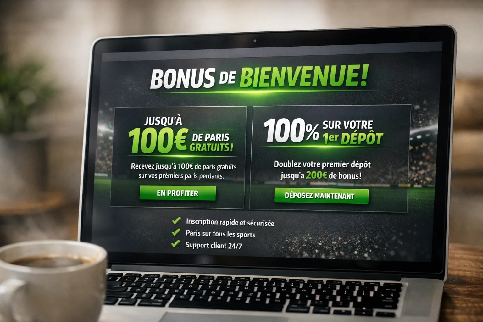 Écran montrant une offre de bienvenue sur un site de paris sportifs avec des freebets
