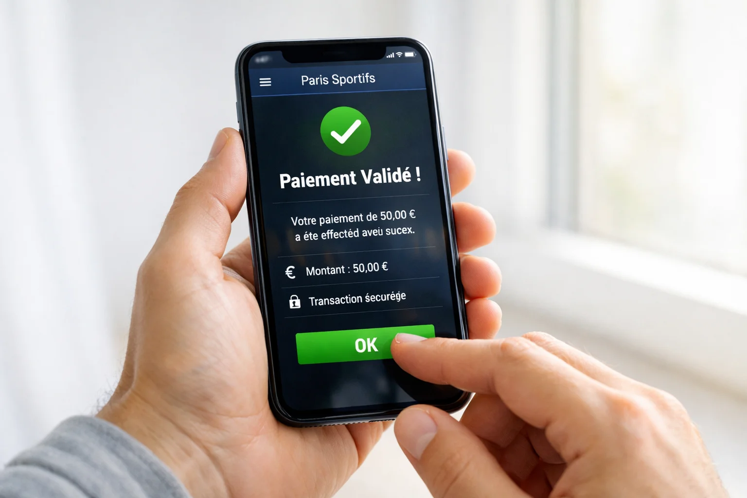 Personne effectuant un paiement sécurisé sur une application mobile de paris sportifs