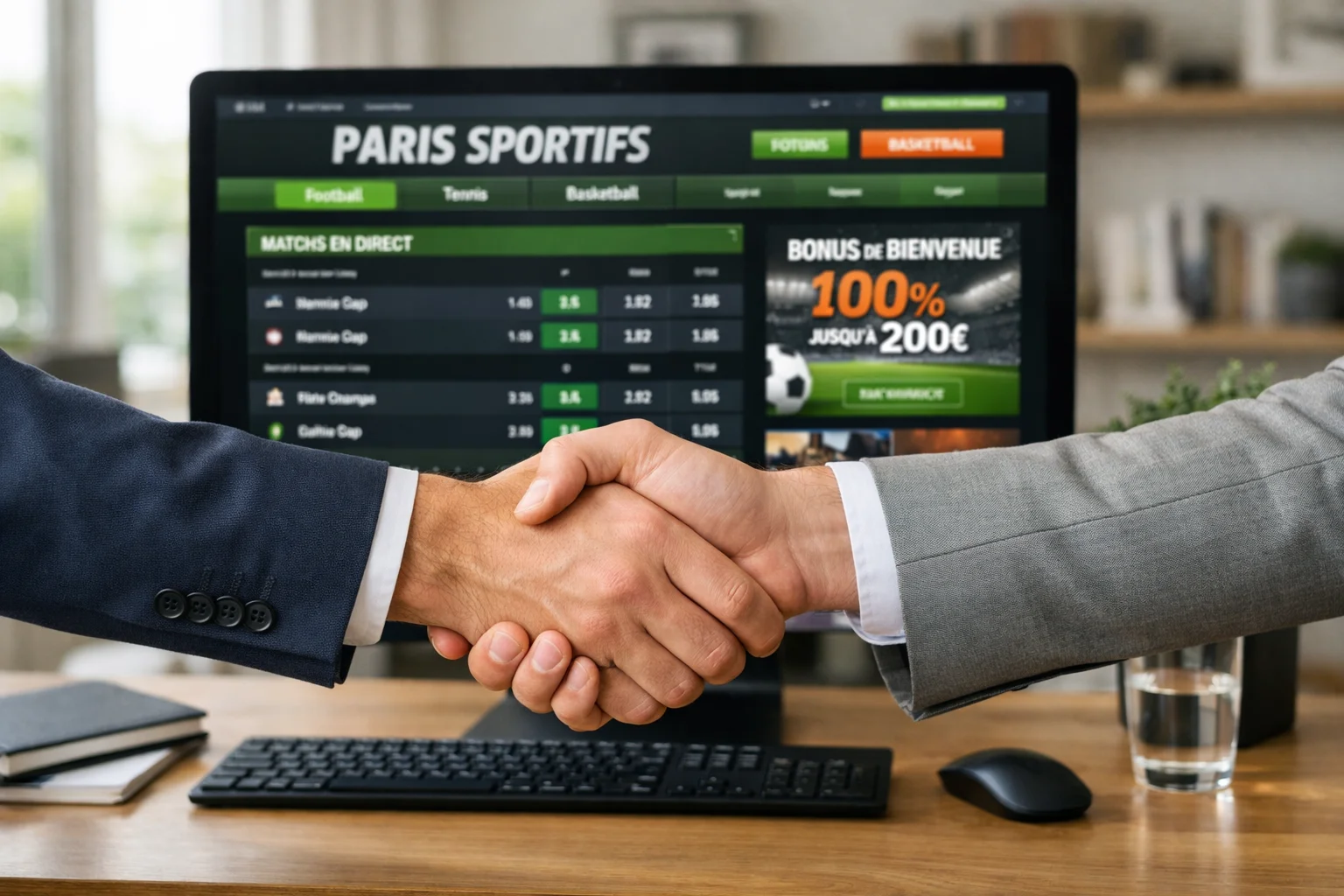 Deux personnes se serrant la main devant un ordinateur affichant un site de paris sportifs