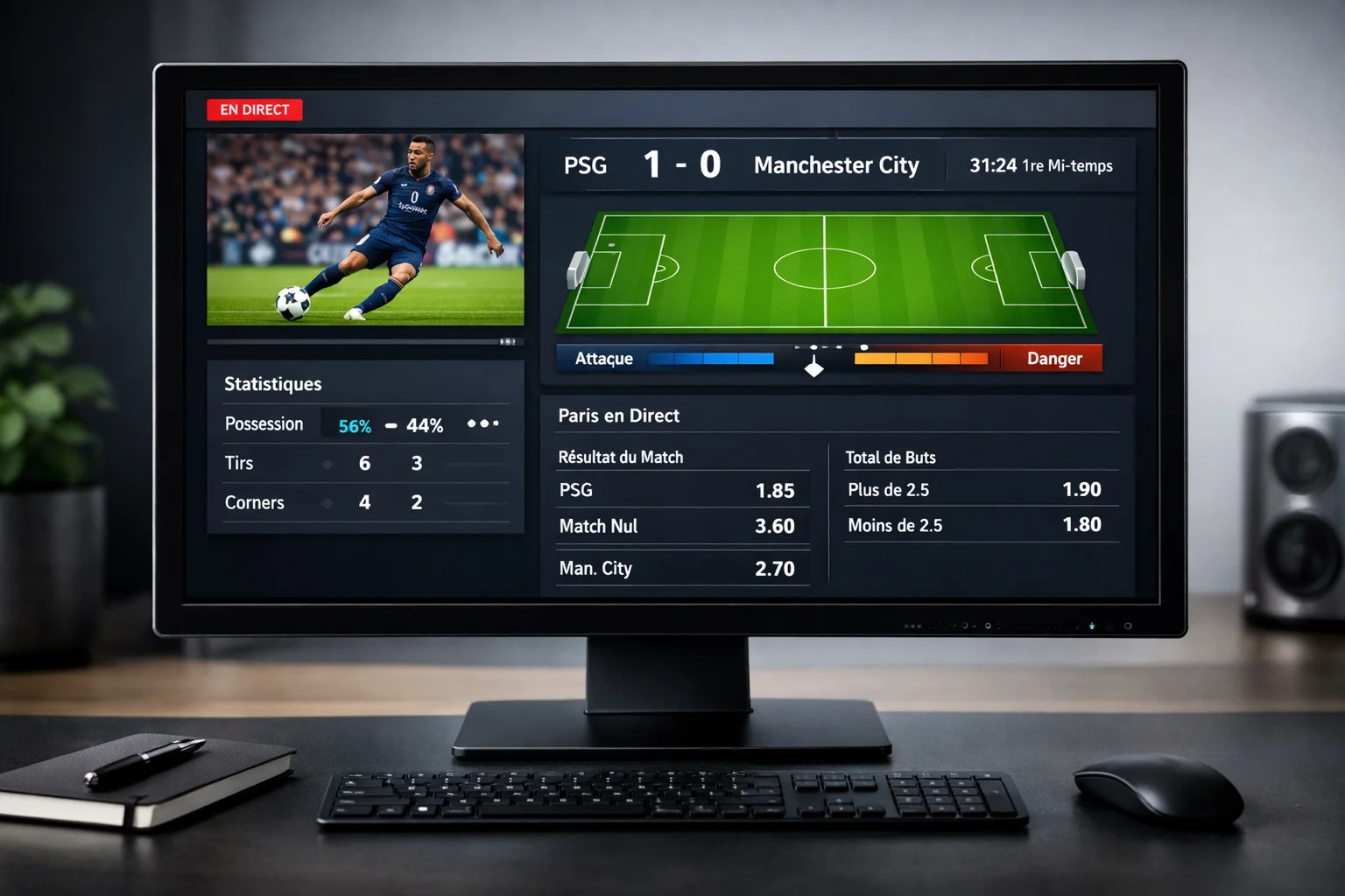Écran d'ordinateur affichant une interface de paris en direct avec statistiques en temps réel