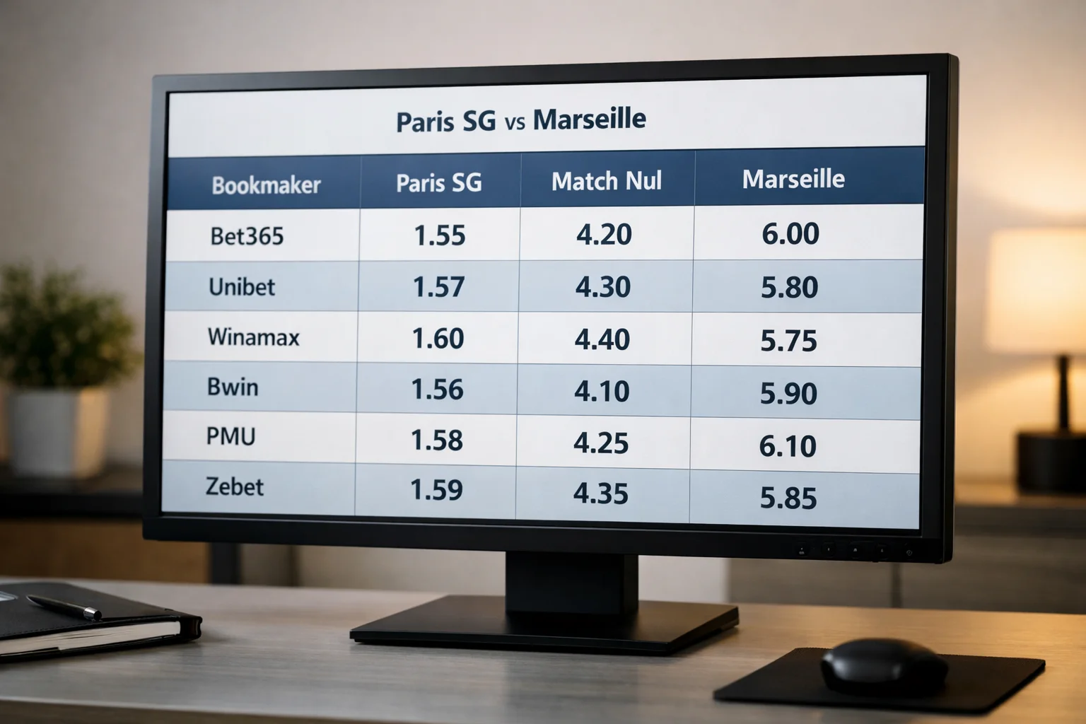 Écran d'ordinateur affichant une comparaison de cotes entre différents bookmakers