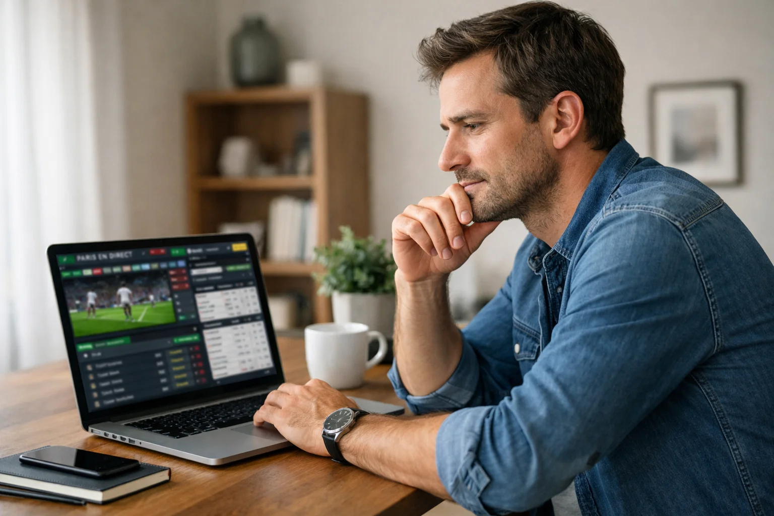 Personne réfléchissant devant un ordinateur portable affichant des sites de paris sportifs