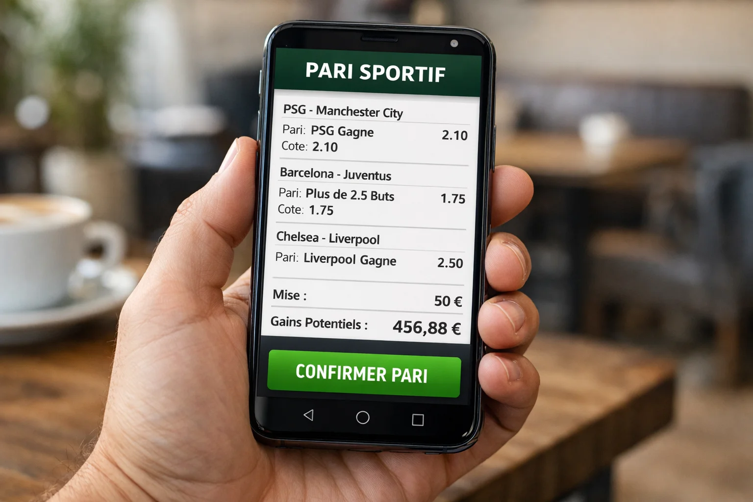 Main tenant un smartphone affichant un bulletin de pari sportif prêt à être validé