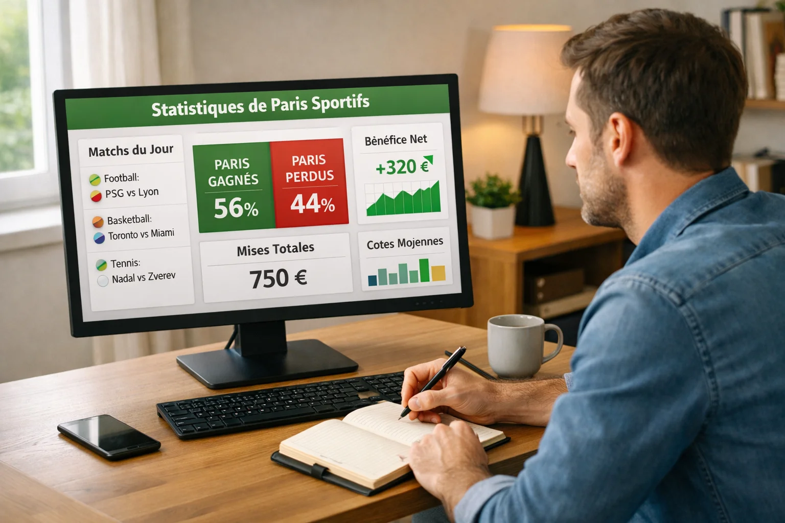 Personne prenant des notes devant un ordinateur affichant des statistiques de paris