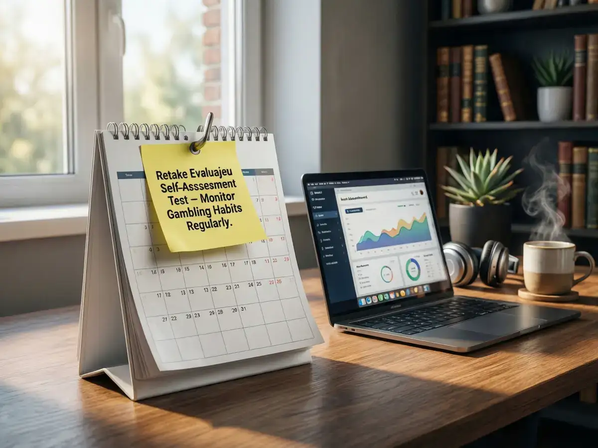 Calendar on a desk with a reminder note to retake a gambling self-assessment test