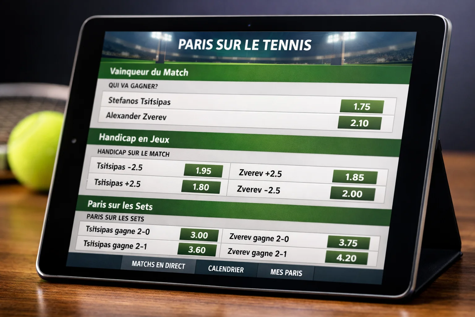Interface de paris tennis montrant les différents marchés disponibles