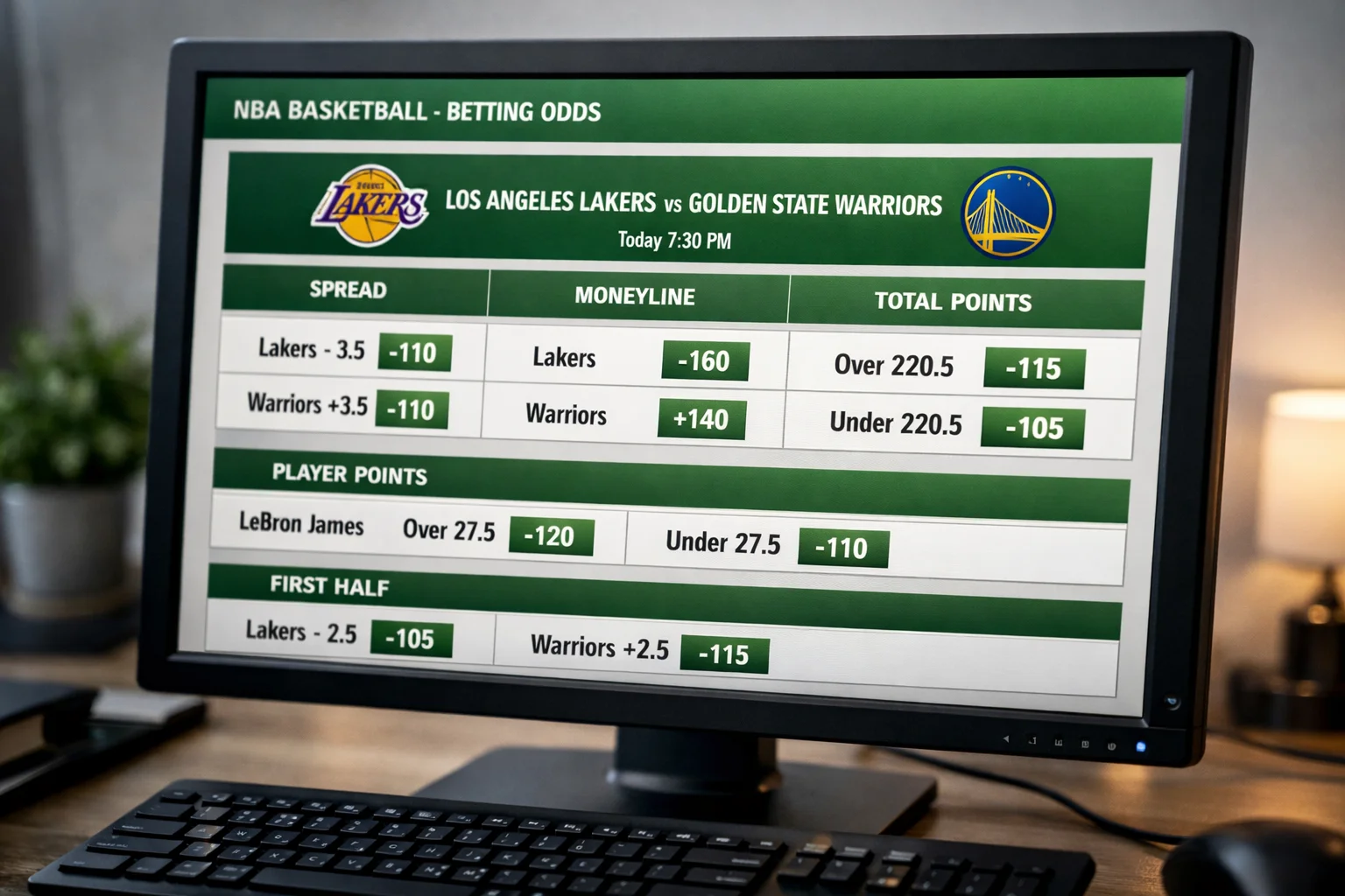 Écran d'ordinateur affichant les cotes de paris pour un match de basketball NBA