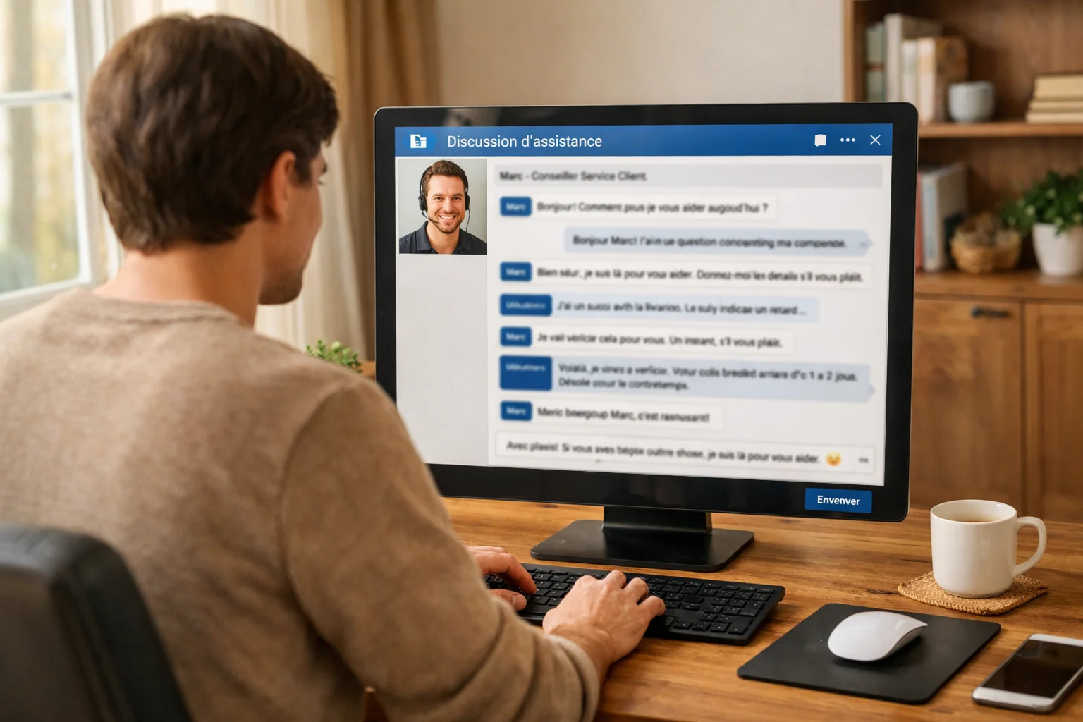 Personne utilisant un chat en direct sur un ordinateur pour contacter le service client