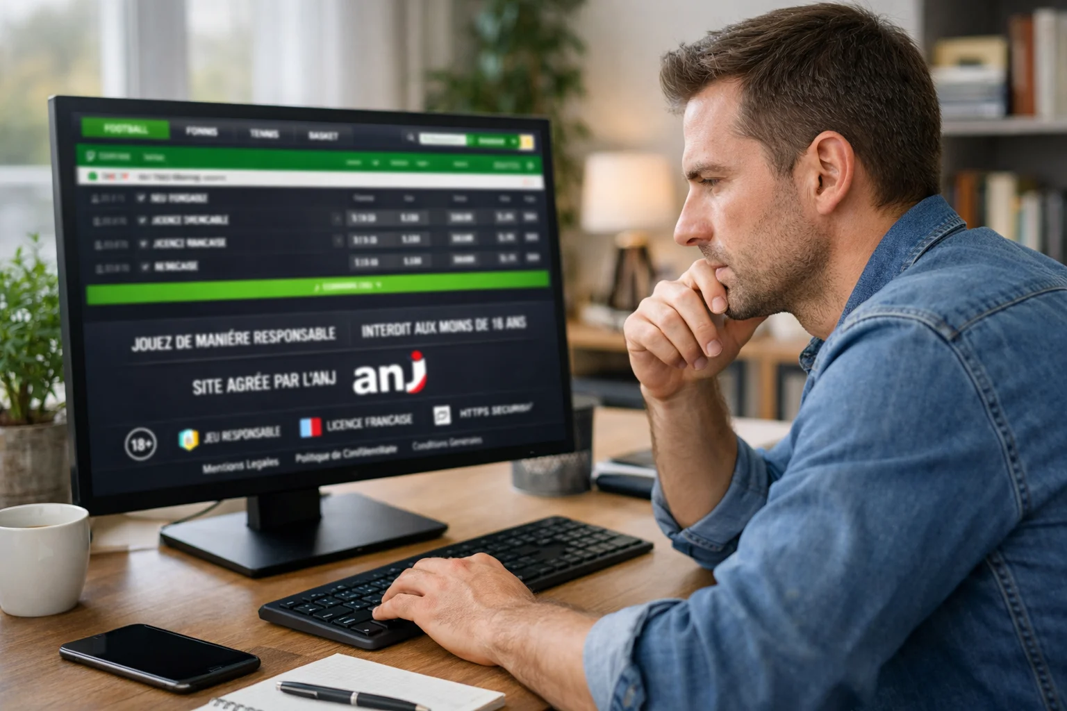Personne vérifiant le logo ANJ sur un site de paris sportifs sur son ordinateur