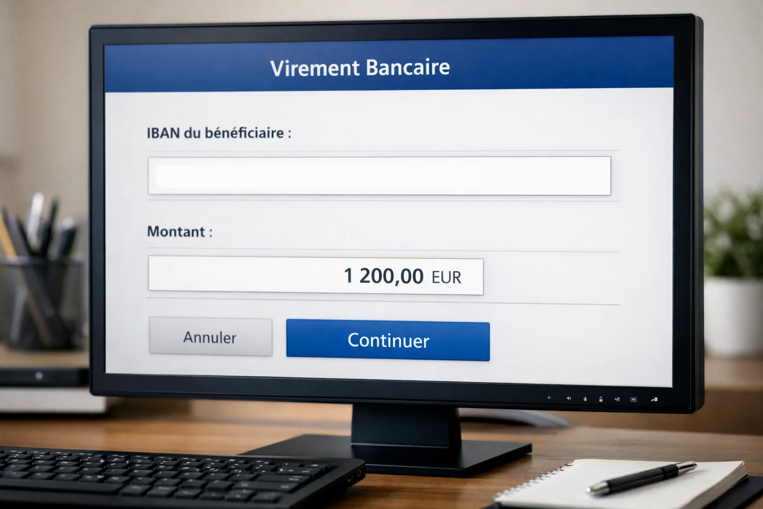 Écran d'ordinateur affichant une interface de virement bancaire en ligne