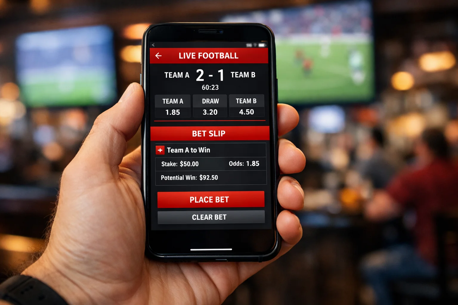 Main tenant un smartphone affichant l'interface de l'application Winamax avec un pari en cours