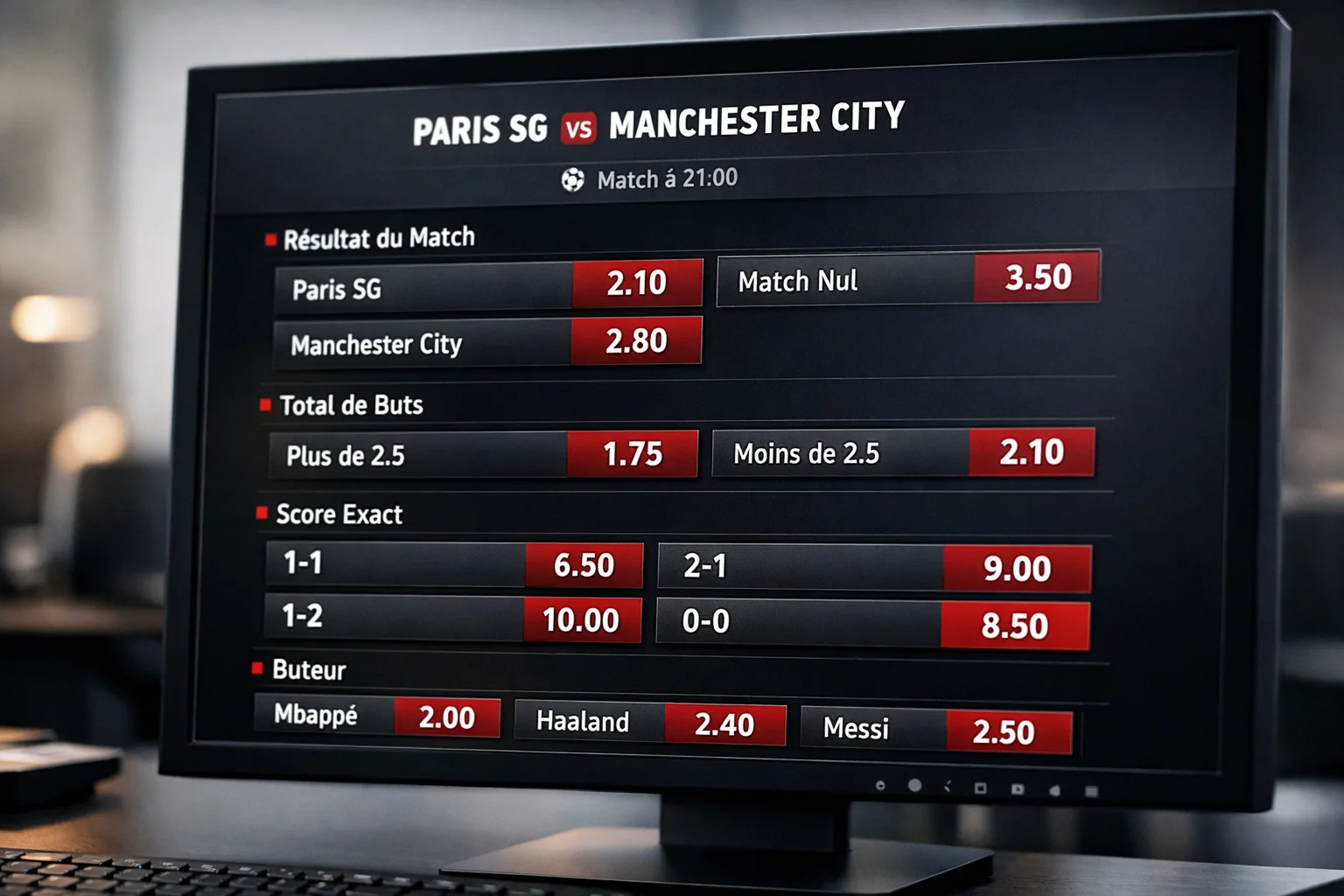 Écran d'ordinateur montrant des cotes de paris sur un match de football