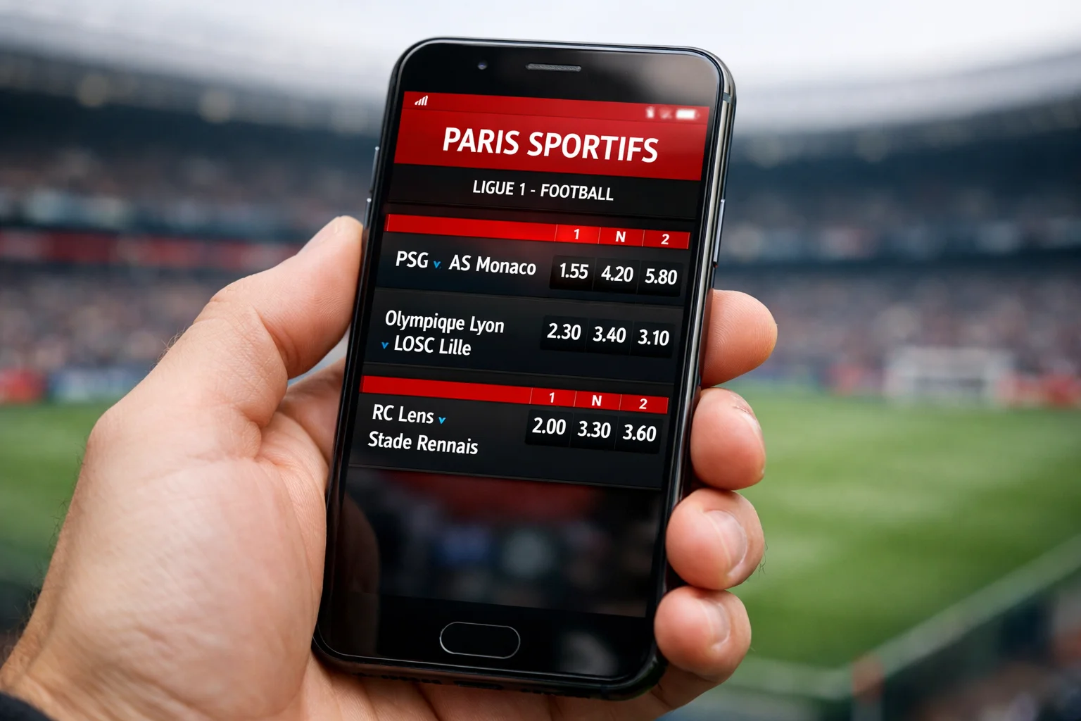 Application mobile Winamax affichant les cotes d'un match de football de Ligue 1