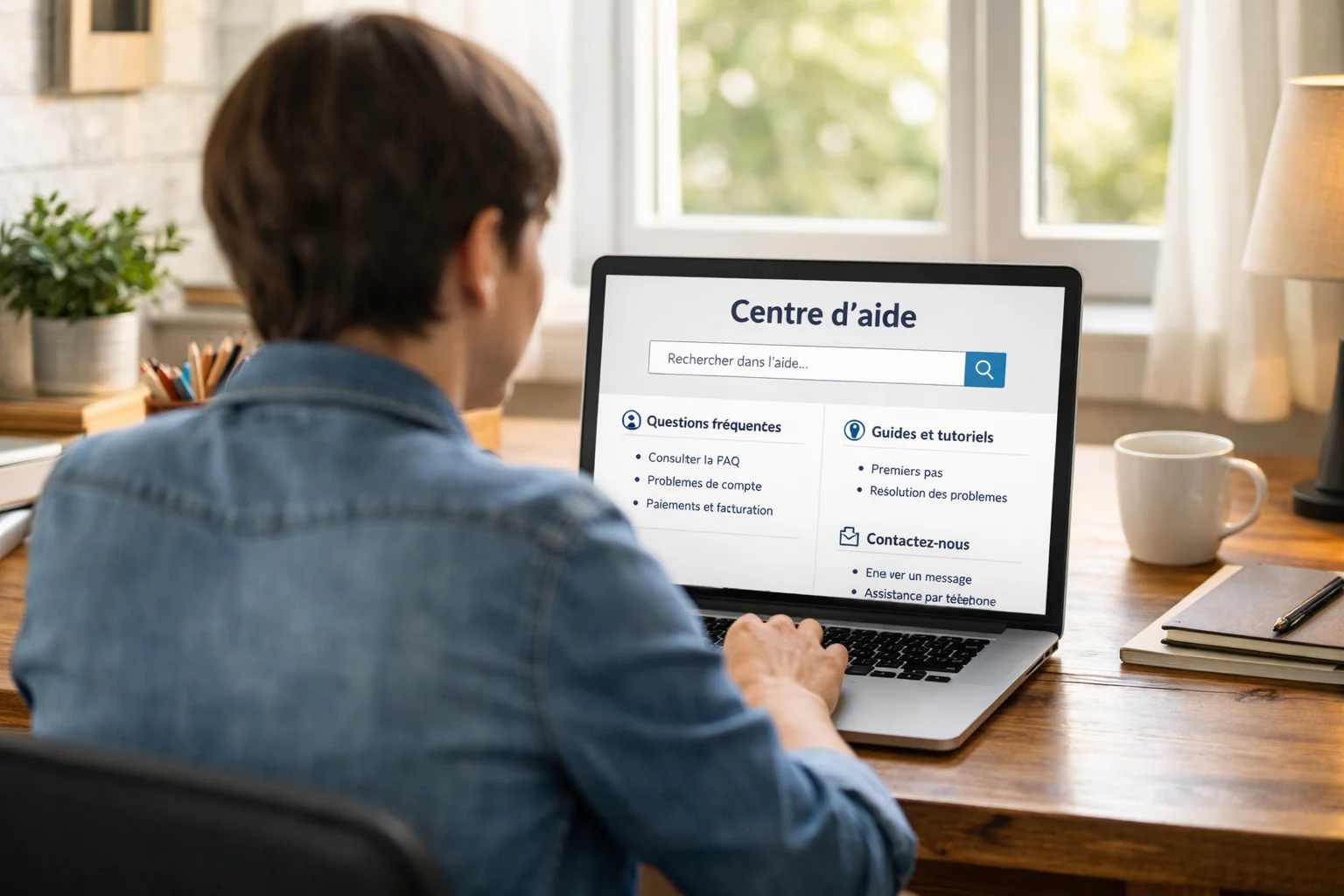 Personne consultant une FAQ sur un ordinateur portable dans un bureau